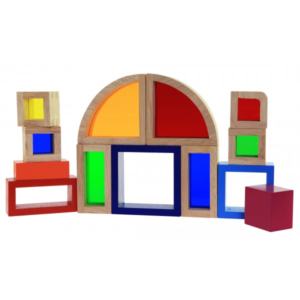 Конструктор деревянный goki Радужные строительные блоки с окнами 58620