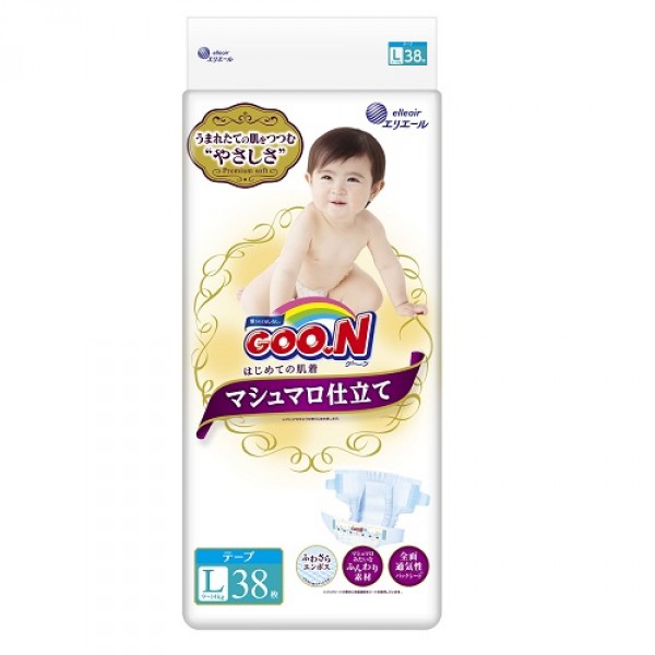 Подгузники Goo.N Super Premium Marshmallow для детей 9-14 кг (размер L, на липучках, унисекс, 38 шт) 853349