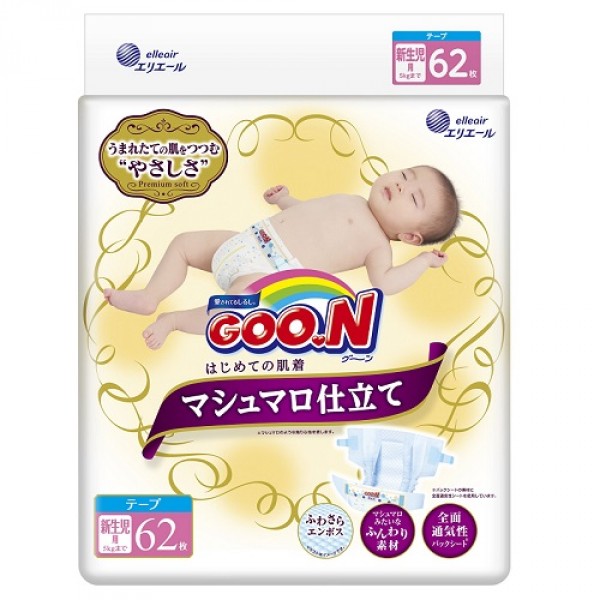 Подгузники Goo.N Super Premium Marshmallow д/новорожд. до 5 кг (размер SS,на липучк, унисекс, 62 шт) 853346