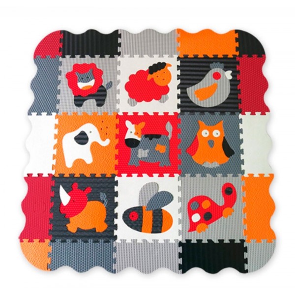 Детский игровой коврик - пазл «Веселый зоопарк» с бортиком, оранжево-серый 122х122 см GB-M129A4E Baby Great