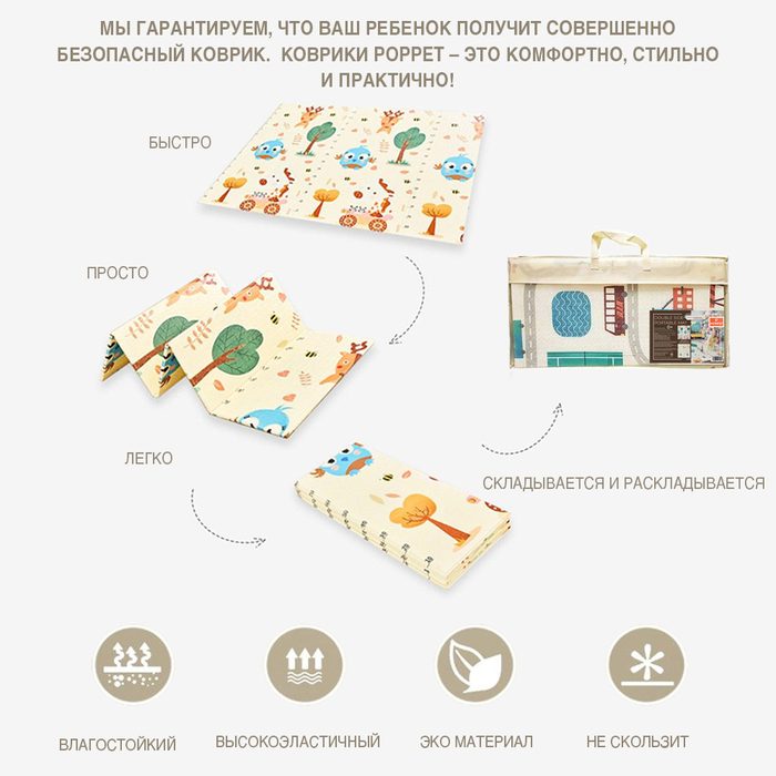 Детский двусторонний складной коврик "Транспорт и Зоолетчики" Poppet PP005-150